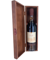 Chateau de Laubade Armagnac Vintage 1930 open wooden presentation case showing the bottle image.