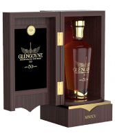 Glengoyne 50 Year Old very rare, limited edition Highland single malt Scotch whisky gold inlaid wooden collector's case open image showing the crystal decanter bottle.